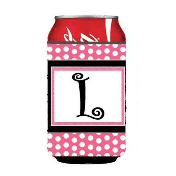Letter L Initial Monogram - Pink Black Polka Dots Can or Bottle Hugger