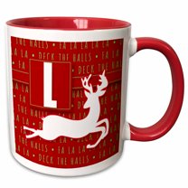 3drose, Letter L Monogram Christmas White Reindeer Deck the Halls Theme, 11oz Two-tone Red Mug