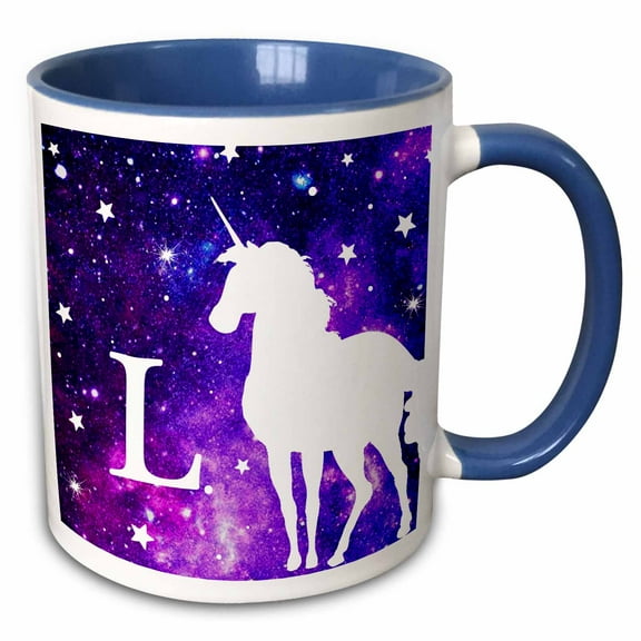 3drose, Letter L Monogram Unicorn Purple Space Stars Personalized Initial L, 15oz Two-tone Blue Mug