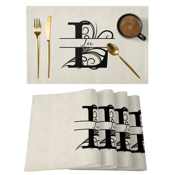 Letter L Placemats Set of 2, Cotton Linen Fabric Place Mats, Monogram Words Washable Decorative Table Mats Protector for Home Kitchen Dining Wedding Party Coffee Tables