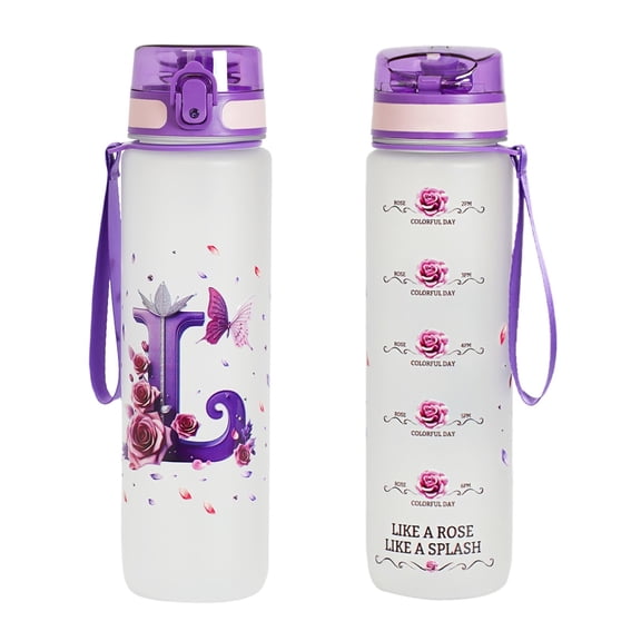 Letter L Plastic Water Bottle, 1L Alphabet Print Pop Up Lid Tumbler, ABC Name Cup For Sports Gym