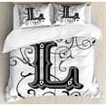 thumbnail image 1 of Letter L Queen Size Duvet Cover Set, Ornated Capital L Calligraphy Initials Alphabet Family Name Medieval Culture, Decorative 3 Piece Bedding Set with 2 Pillow Shams, Black Grey White, by Ambesonne, 1 of 3
