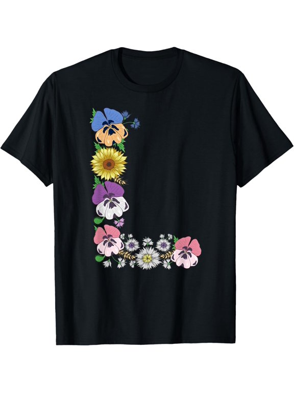 Letter L Shirt Cute Initial Monogram Floral Alphabet Letters T-Shirt men and women can wear, black, white, gifts