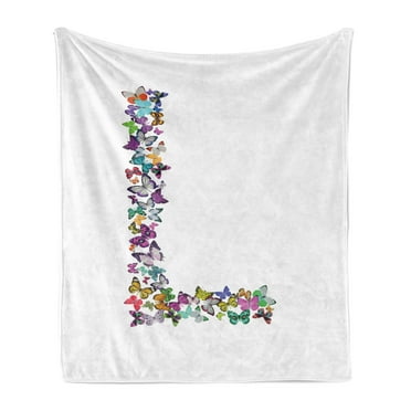 Letter L Soft Flannel Fleece Blanket, Butterfly L Letter Alphabet Animal Themed Vibrant Color Palette Image Font Design, Cozy Plush for Indoor and Outdoor Use, 50" x 60", Multicolor, by Ambesonne