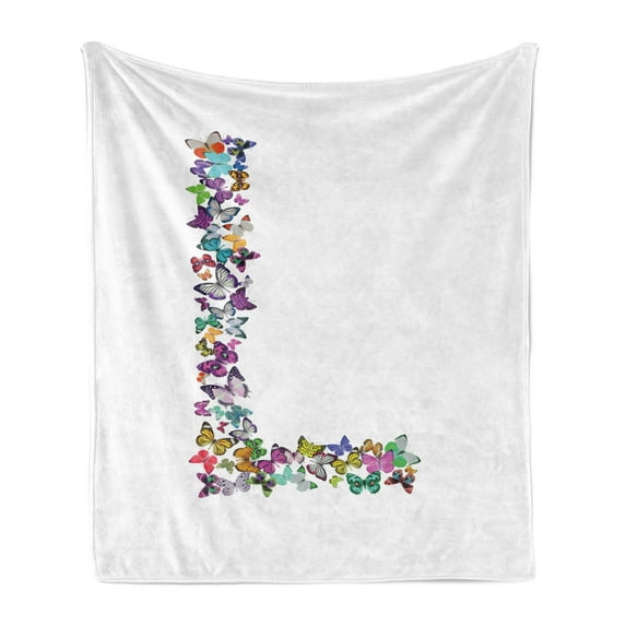 Letter L Soft Flannel Fleece Blanket, Butterfly L Letter Alphabet Animal Themed Vibrant Color Palette Image Font Design, Cozy Plush for Indoor and Outdoor Use, 70" x 90", Multicolor, by Ambesonne