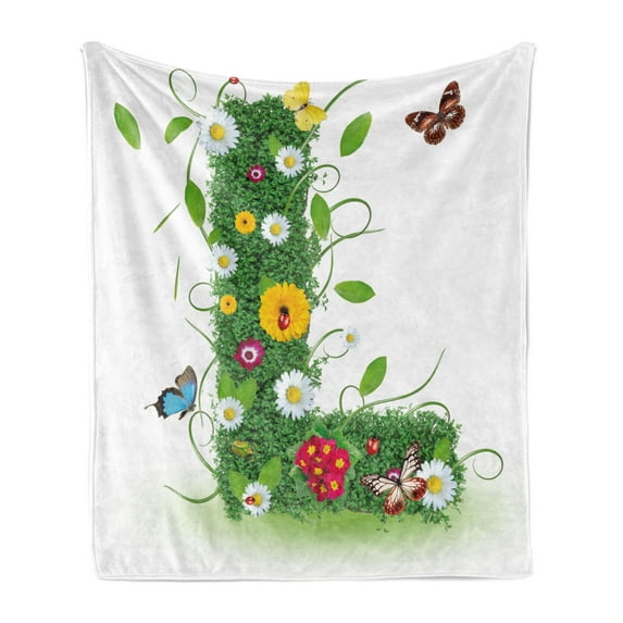 Letter L Soft Flannel Fleece Throw Blanket, Alphabet Capital L Design Daisies Wildflowers Other Plant Life Animal Fun, Cozy Plush for Indoor and Outdoor Use, 50" x 60", Green Multicolor, by Ambesonne