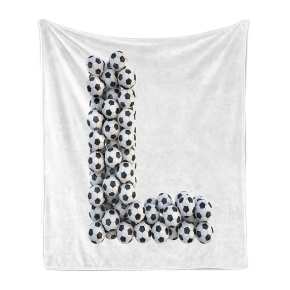 Letter L Soft Flannel Fleece Throw Blanket, Football Theme Soccer Balls in Vertical and Horizontal Order, Cozy Plush for Indoor and Outdoor Use, 60" x 80", Black and White, by Ambesonne