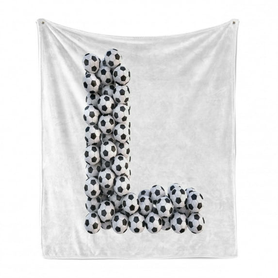 Letter L Soft Flannel Fleece Throw Blanket, Football Theme Soccer Balls in Vertical and Horizontal Order, Cozy Plush for Indoor and Outdoor Use, 70" x 90", Black and White, by Ambesonne