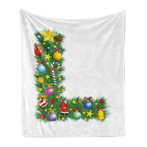 Letter L Soft Flannel Fleece Throw Blanket, Pine Tree Design Majuscule L with Christmas Festivities Celebration Image, Cozy Plush for Indoor and Outdoor Use, 70" x 90", Multicolor, by Ambesonne