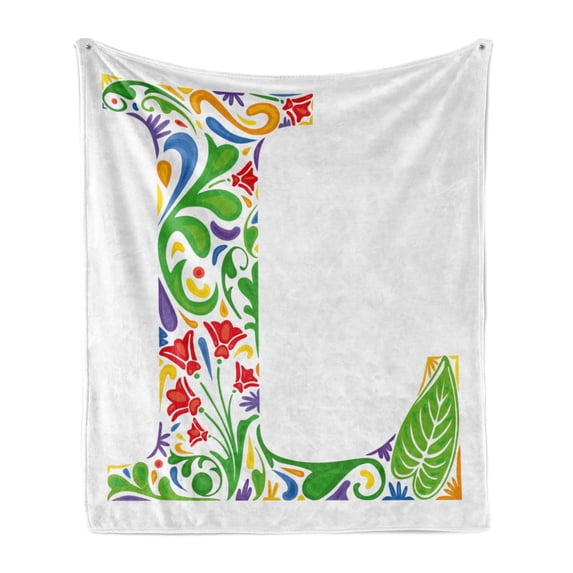 Letter L Soft Flannel Fleece Throw Blanket, Vintage Composition with Leaf and Blossom in Lively Colors Print, Cozy Plush for Indoor and Outdoor Use, 60" x 80", Multicolor, by Ambesonne