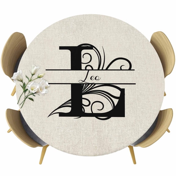 Letter L Table Cloth, Round Fitted Tablecloths with Elastic Edge, Monogram Words Wipeable Waterproof Table Cover for Kitchen Wedding 45-54 Inches