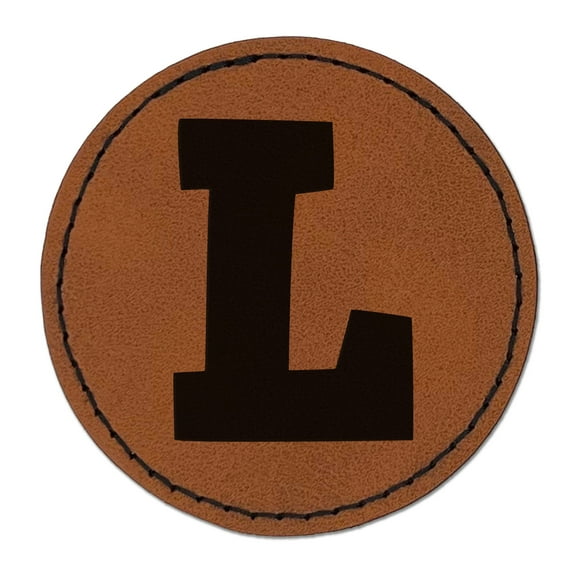 Letter L Uppercase Fun Bold Font 2.5" Faux Leather Round Engraved Iron-On Patch - Brown
