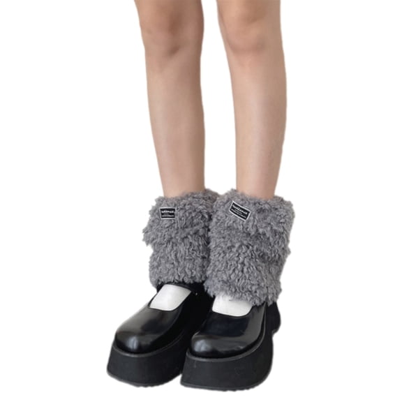 Letter Label Fuzzy Leg Warmers for Women Girls Furry Plush Boot Cuffs Short Footless Socks for Daily Wear and Parties