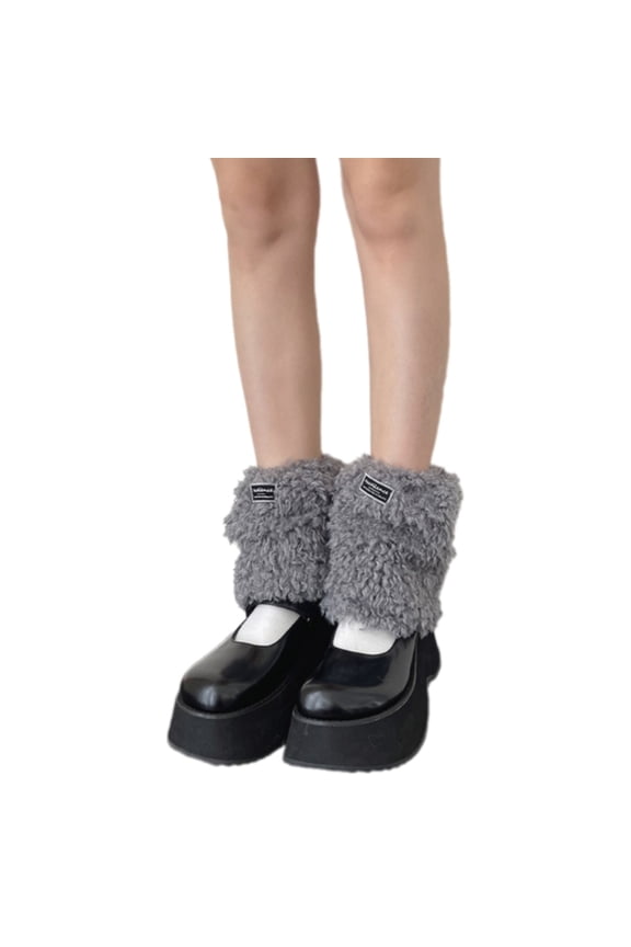 Letter Label Fuzzy Leg Warmers for Women Girls Furry Plush Boot Cuffs Short Footless Socks for Daily Wear and Parties