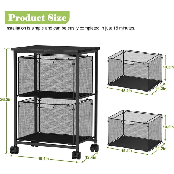 Letter/Legal Rolling File Cart with 2 Storage Drawers, Under Desk Storage, Vertical Filing Cabinet for Home Office, Hanging File Folders Organizer, Mobile Utility Cart Printer Stand, Black