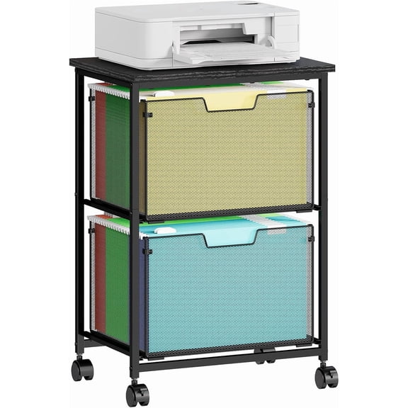 Letter/Legal Rolling File Cart with 2 Storage Drawers, Under Desk Storage, Vertical Filing Cabinet for Home Office, Hanging File Folders Organizer, Mobile Utility Cart Printer Stand, Black