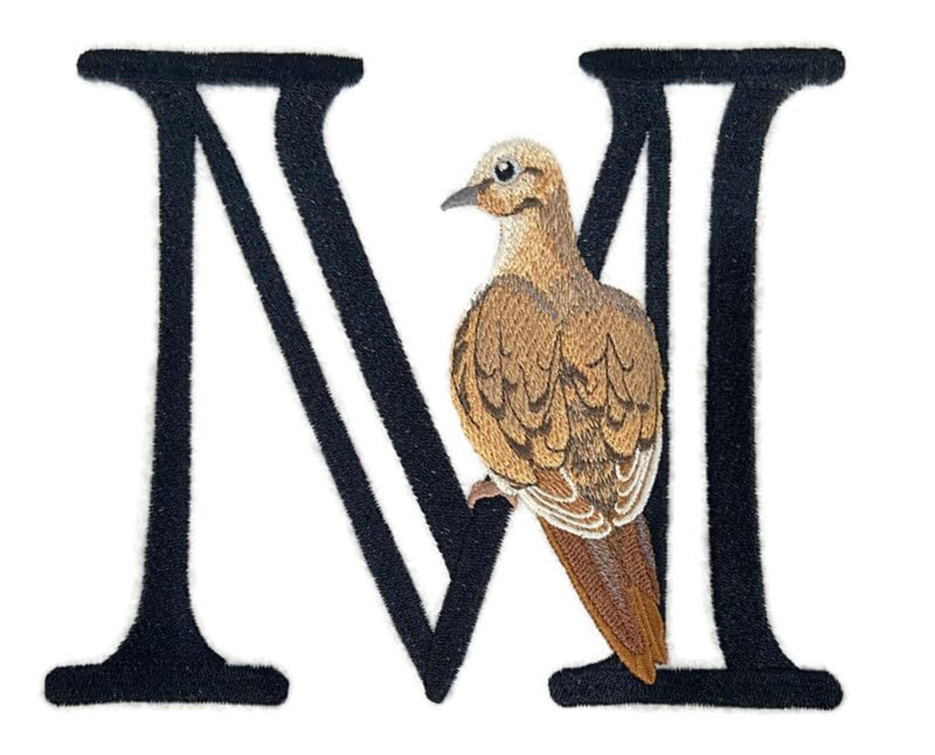 Letter Letter M and Mourning Dove Embroidered Iron On/Sew Patch (6.1" x 6.2")