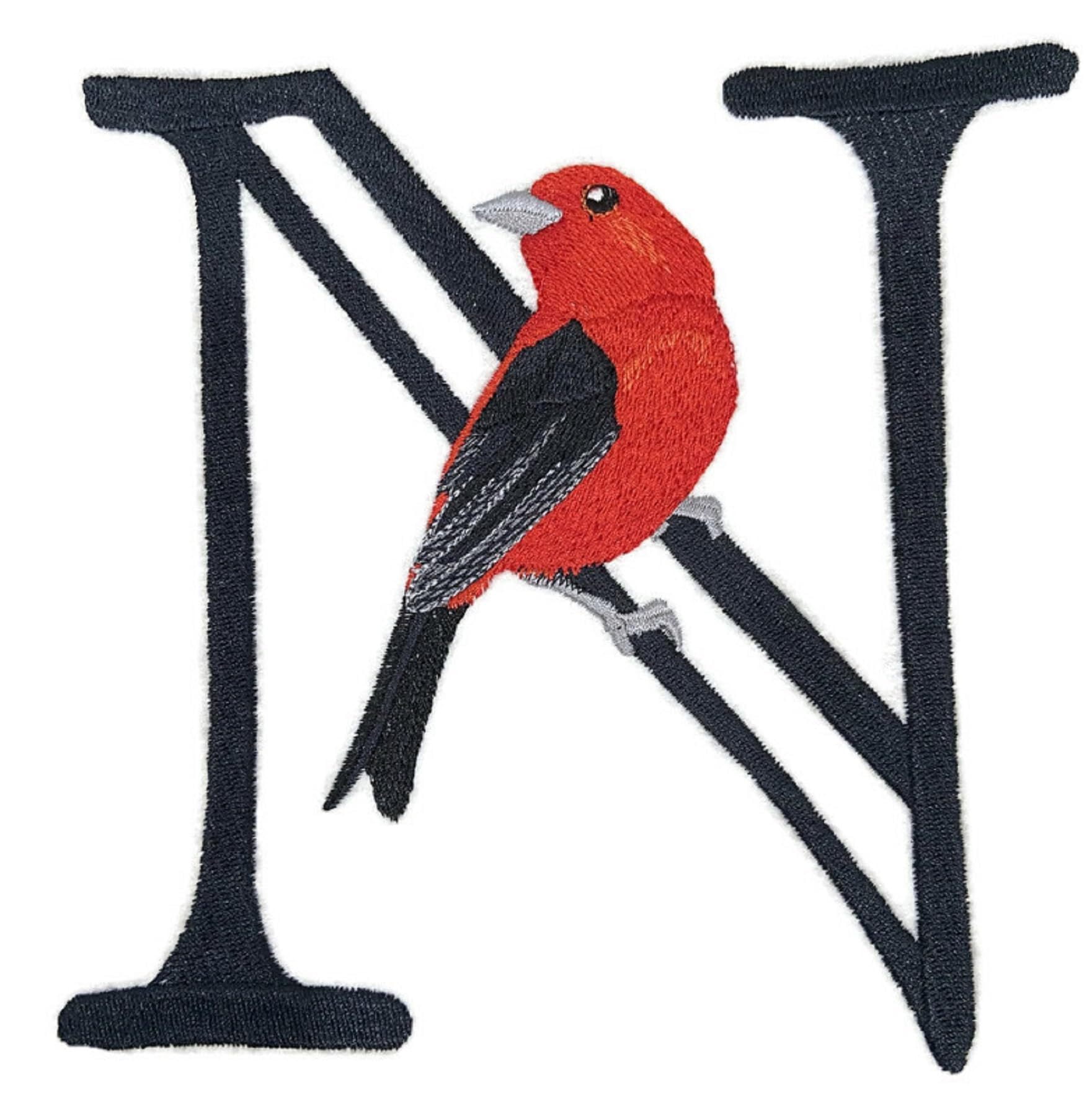 Letter Letter N and Scarlet Tanager Embroidered Iron On/Sew Patch (6.2" x 6.1")