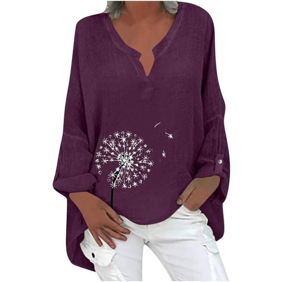 Raeneomay Long Sleeve Shirts for Women Long Sleeved Cotton and Linen Round Neck Pullover Top