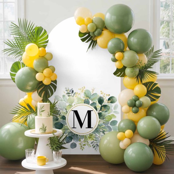 Letter M Arch Backdrop Cover, 4FT, Alphabet Green Eucalyptus Leaves Plant Simple Spandex Arch Covers Double-Sided Backdrop for Wedding Birthday Party Photo Background Decoration