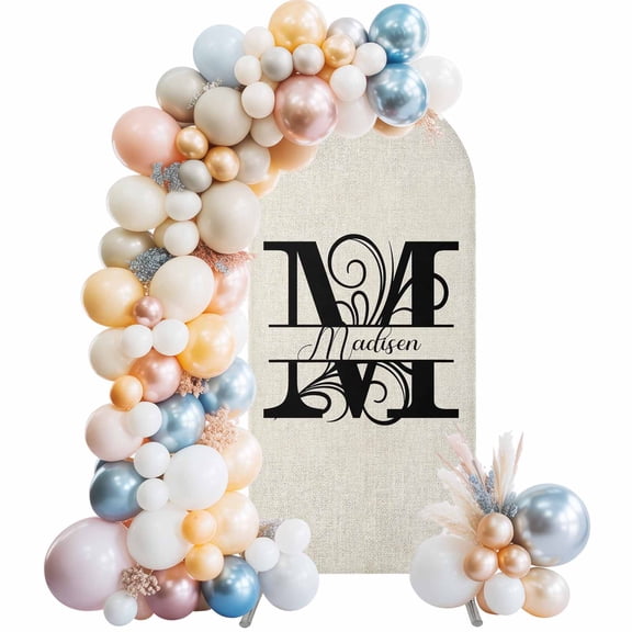 Letter M Arch Backdrop Cover 6x2.6 Ft, Spandex Wedding Arch Stand Cover, Monogram Words Round Top Stretch Fitted Background Covers for Birthday Ceremony Party Decor
