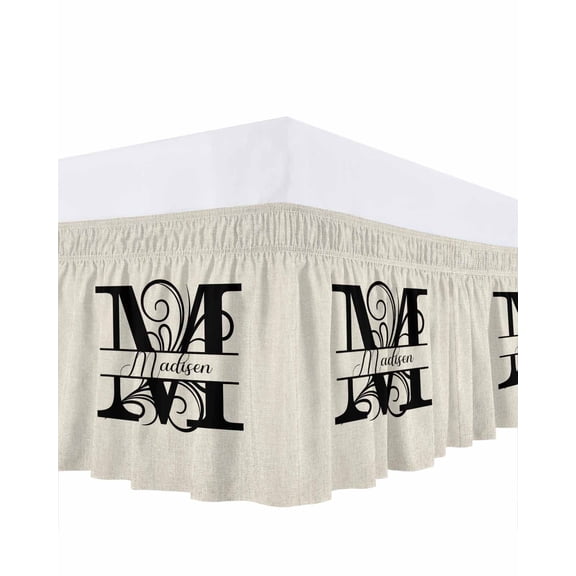 Letter M Bed Skirt Queen Size, Monogram Words Wrap Around Bed Skirting with Adjustable Elastic Strap, Dust Ruffle Pleated Bedskirts 16 Inch Drop for Bedroom Queen Beds