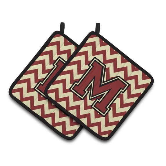 Letter M Chevron Maroon and Gold Pair of Pot Holders