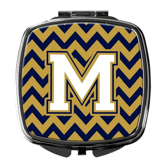 Letter M Chevron Navy Blue and Gold Compact Mirror CJ1057-MSCM