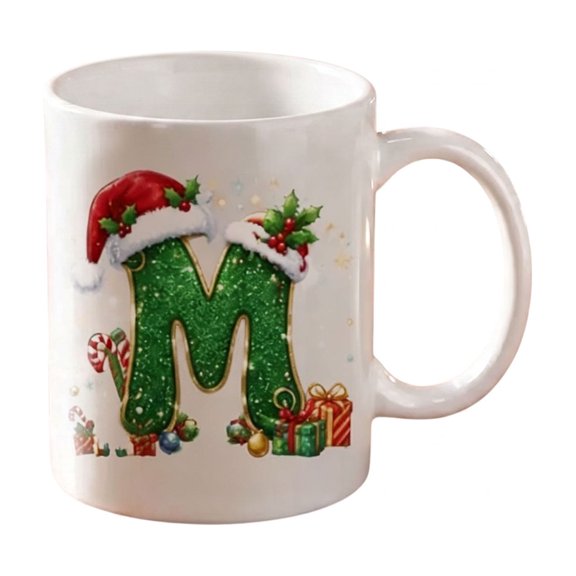 Letter M Christmas Initial Mug, Ceramic Monogram Coffee Cup for Cocoa, Tea, Home Drinkware, Office Desks, and Personalized Holiday Gift Giving