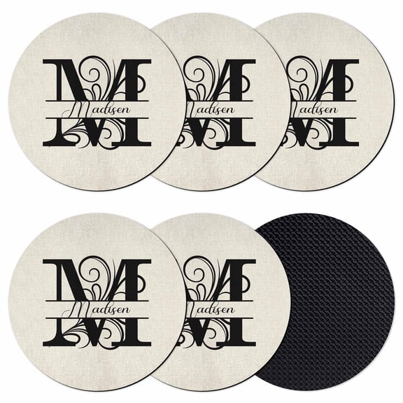 Letter M Coasters Set of 6, Monogram Words Absorbent Coasters for Drinks, Coaster for Bar Office Dining Coffee Table Accessories Decor, Non Slip Round Desk Coaster