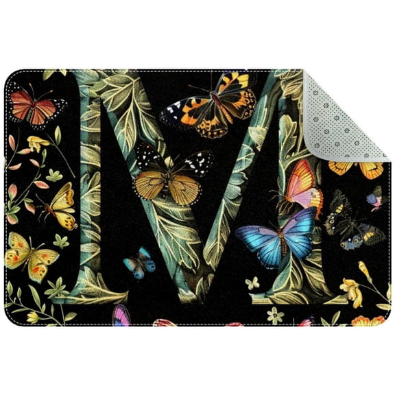Letter M with Colorful Butterflies Black Background Entryway Rug, 2x3 Area Rug Indoor Door Mat Non-slip Washable Floor Carpet Rug for Bedroom Office Dining Room Bathroom