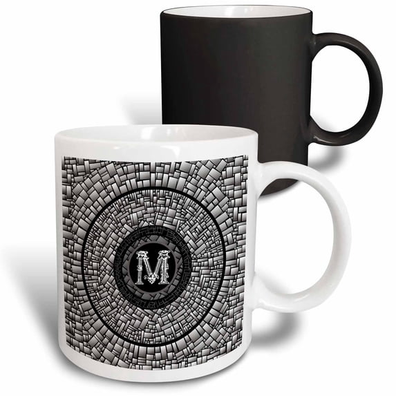 3drose, Letter M- Crazy Paving Monogram in Grayscale with White Initial Letter, 11oz Magic Transforming Mug