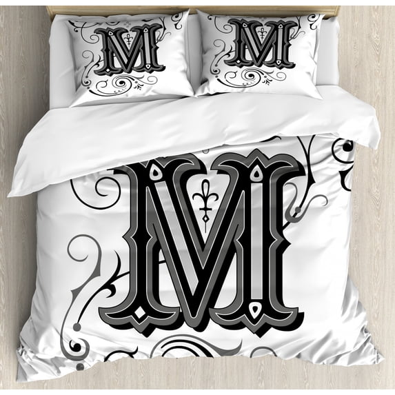 Letter M Duvet Cover Set King Size, Abstract Ornamental Design in Dark Color Scheme Swirls and Lines Eastern, Decorative 3 Piece Bedding Set with 2 Pillow Shams, Black Grey White, by Ambesonne