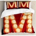 thumbnail image 1 of Letter M Duvet Cover Set Queen Size, Vintage Alphabet Collection of Old Movie Theaters Casinos Retro Type, Decorative 3 Piece Bedding Set with 2 Pillow Shams, Vermilion Yellow Black, by Ambesonne, 1 of 3