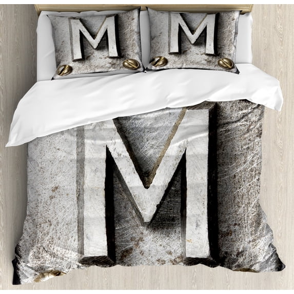 Letter M Duvet Cover Set Queen Size, Zinc Iron Steel Alphabet Typeset with Grunge Scratched Texture Industry Image, Decorative 3 Piece Bedding Set with 2 Pillow Shams, Pale Grey Sepia, by Ambesonne