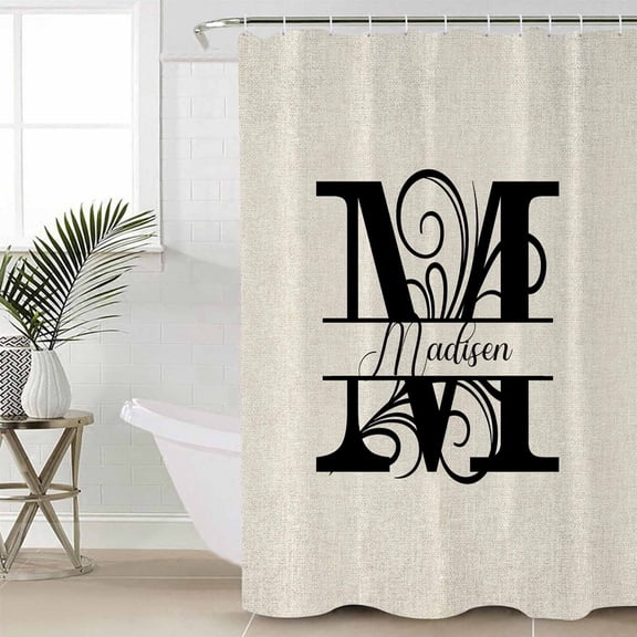 Letter M Extra Long Shower Curtain Set, Waterproof Shower Curtains for Bathroom, Monogram Words Washable Fabric Cloth Bath Curtain for Bathtub Decoration with Hooks 72x96 Inches