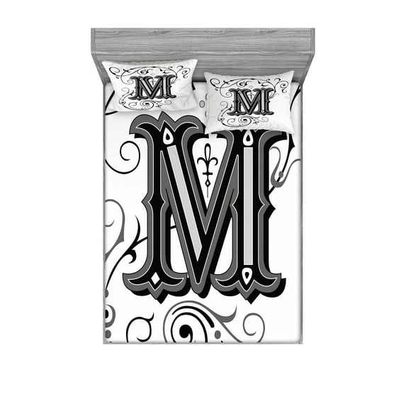 Letter M Fitted Sheet & Pillow Sham Set, Abstract Ornamental Design in Dark Color Scheme Swirls and Lines Eastern, Decorative Printed 6 Piece Bedding Decor Set, Full, Black Grey White, by Ambesonne
