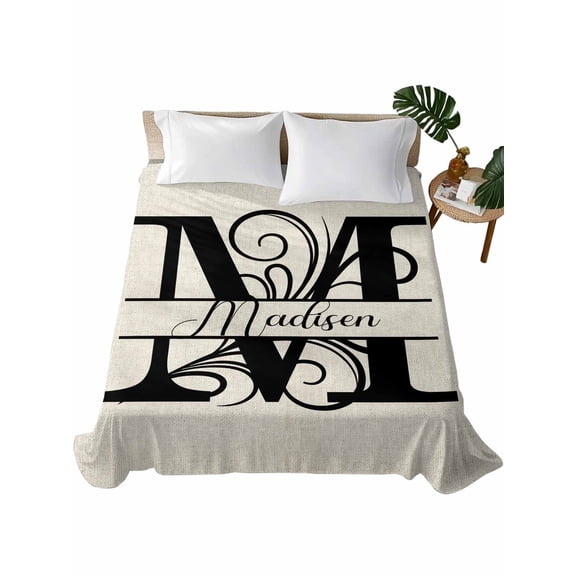 Letter M Flat Sheet Only Twin Size, Soft Breathable Bed Top Sheets for Mattress, Monogram Words Luxury Bedding Flat Sheets for Home Hotel Bedroom Bed Protection