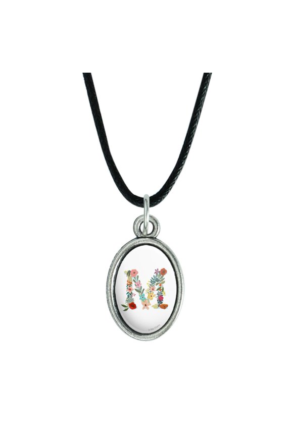 Letter M Floral Monogram Initial Antiqued Oval Charm Pendant with Black Satin Cord