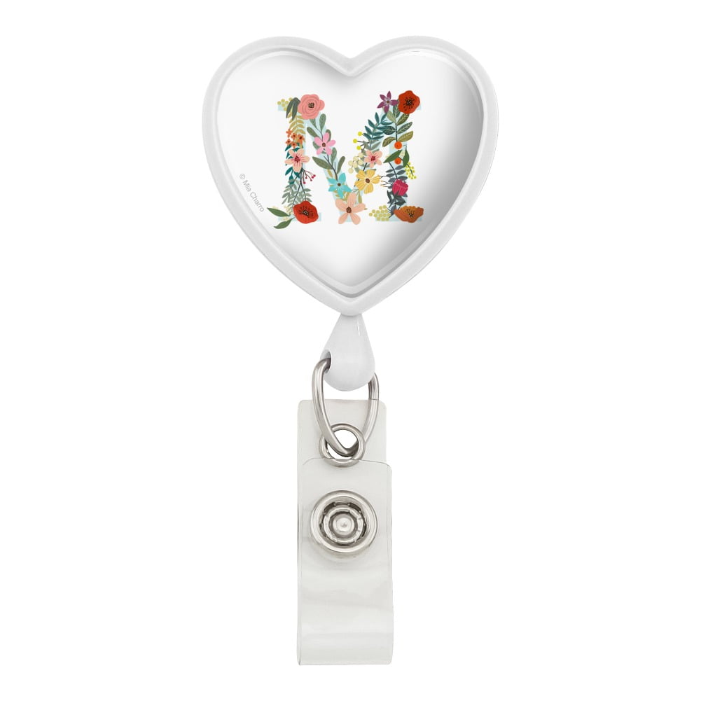 Personalized Initial ID Badge Holder With Lanyard - Monogram Retractable Badge Reel, Breakaway Clip, Floral Design (Letter F Example)