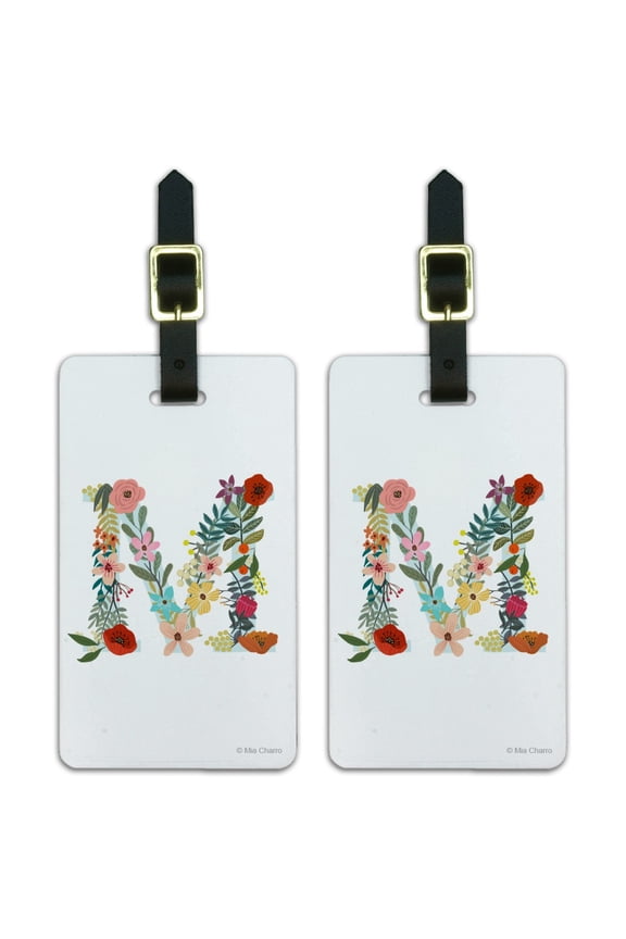 Letter M Floral Monogram Initial Luggage ID Tags Suitcase Carry-On Cards - Set of 2