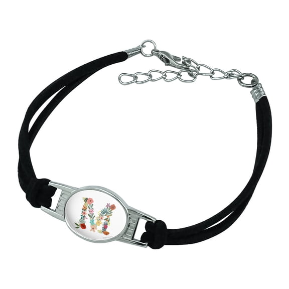 Letter M Floral Monogram Initial Novelty Suede Leather Metal Bracelet