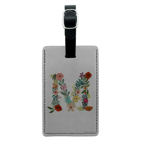 Letter M Floral Monogram Initial Rectangle Leather Luggage Card Suitcase Carry-On ID Tag