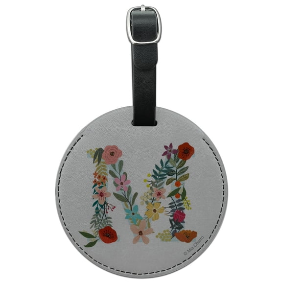 Letter M Floral Monogram Initial Round Leather Luggage Card Suitcase Carry-On ID Tag