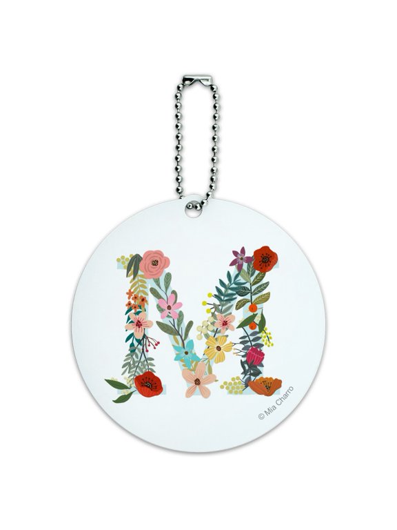 Letter M Floral Monogram Initial Round Luggage ID Tag Card Suitcase Carry-On
