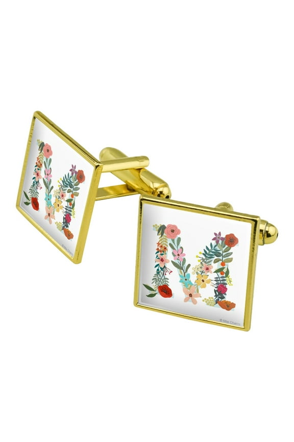 Letter M Floral Monogram Initial Square Cufflink Set - Silver or Gold