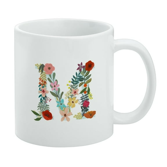 Letter M Floral Monogram Initial White Mug