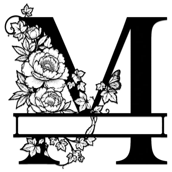 Letter M Floral Monogram Metal Wall Art, Metal Signs, Metal Outdoor Decor, Wall Art Decor, Elegant Minimalist Aesthetic, Wall Sculpture, Wall Hanging, Metal Plaque, Home Decor for Bedroom Office
