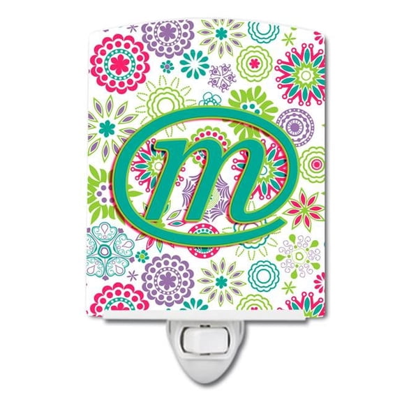 Letter M Flowers Pink Teal Green Initial Ceramic Night Light