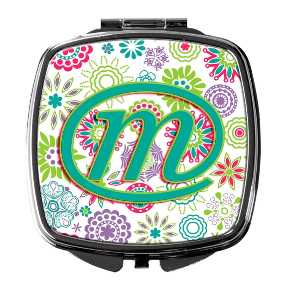 Letter M Flowers Pink Teal Green Initial Compact Mirror CJ2011-MSCM